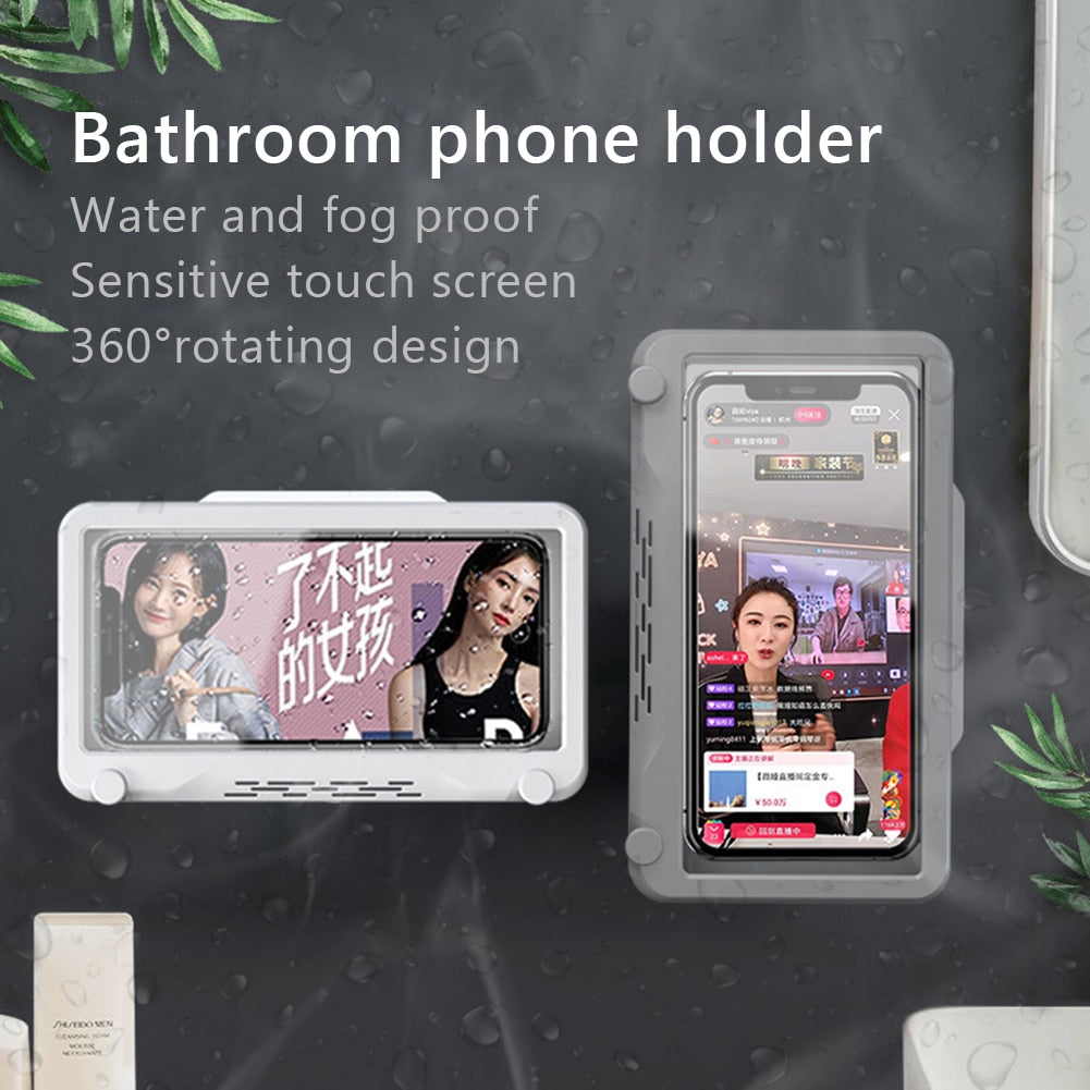 Rotary Bathroom Phone Holder Waterproof Case Box Wall Mounted All Covered Mobile Phone Shelves Self-Adhesive For Shower Bath