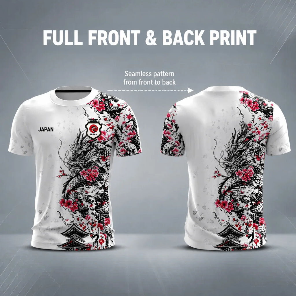 Men Japan Football Jersey Full Front Back Print Cherry Blossom Dragon Pagoda Ink Art National Team Fan Sport T Shirt