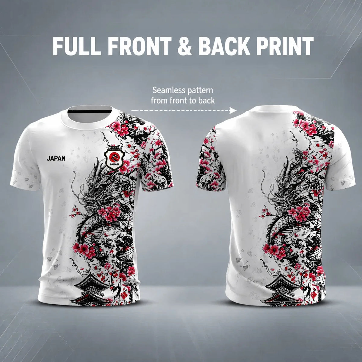 Men Japan Football Jersey Full Front Back Print Cherry Blossom Dragon Pagoda Ink Art National Team Fan Sport T Shirt