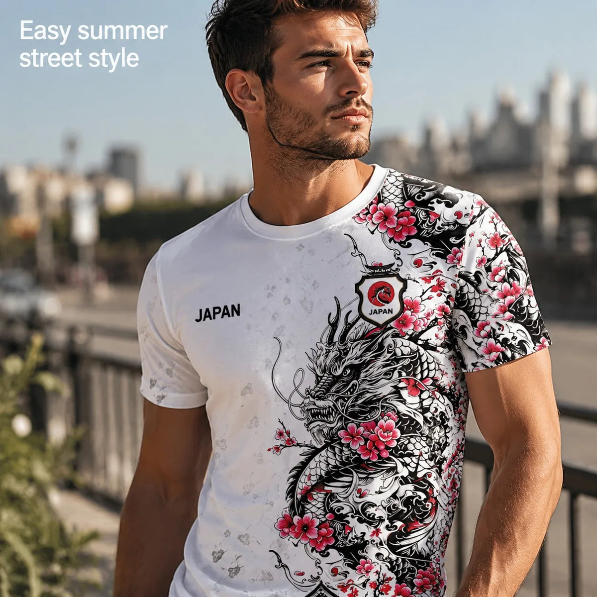 Men Japan Football Jersey Full Front Back Print Cherry Blossom Dragon Pagoda Ink Art National Team Fan Sport T Shirt