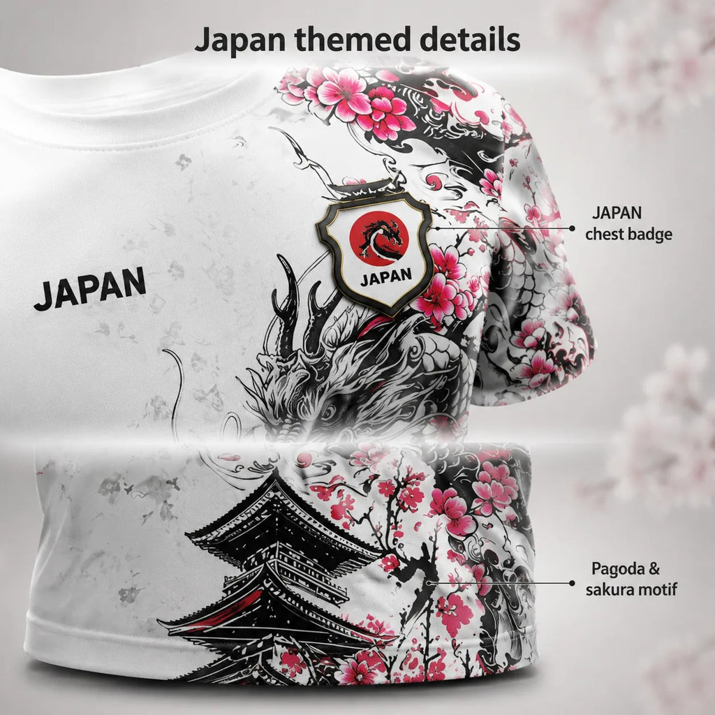 Men Japan Football Jersey Full Front Back Print Cherry Blossom Dragon Pagoda Ink Art National Team Fan Sport T Shirt