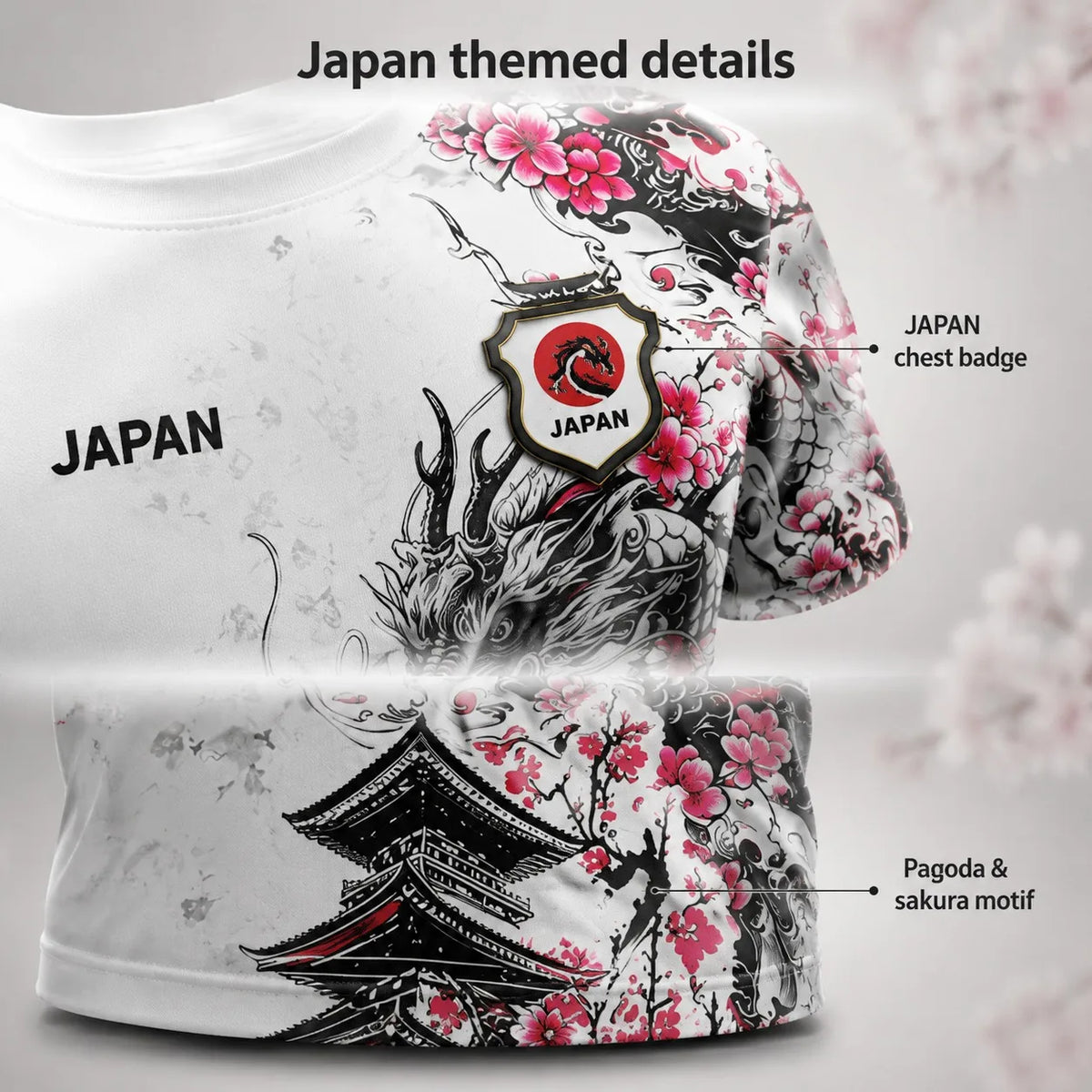 Men Japan Football Jersey Full Front Back Print Cherry Blossom Dragon Pagoda Ink Art National Team Fan Sport T Shirt