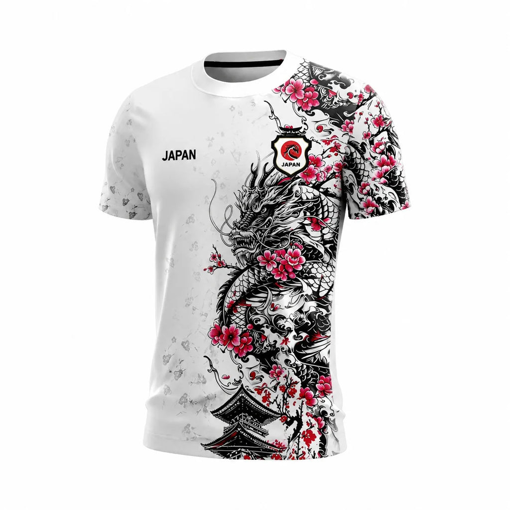 Men Japan Football Jersey Full Front Back Print Cherry Blossom Dragon Pagoda Ink Art National Team Fan Sport T Shirt