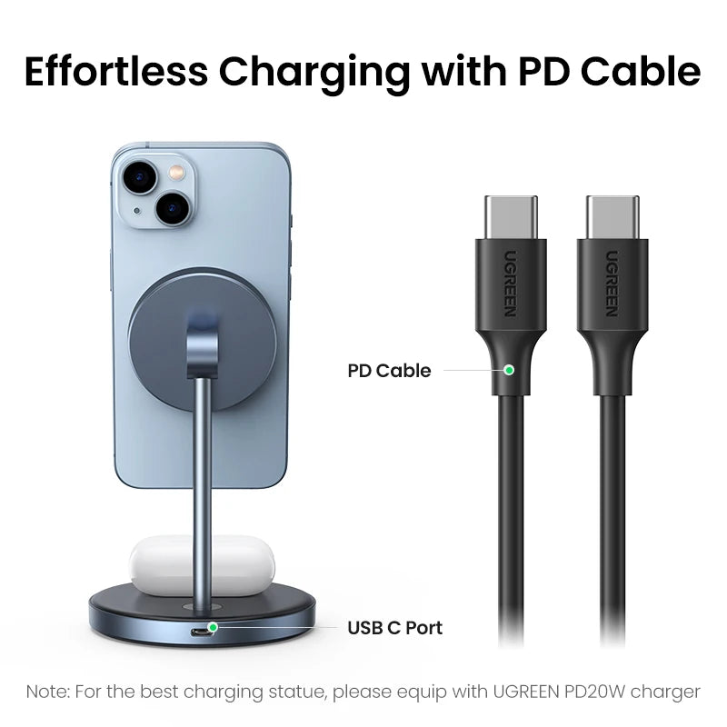 UGREEN Qi2 Magnetic Wireless Charging Stand 20W Max Power 2-in-1 Charging Stand For iPhone 16 Pro Max/AirPods Fast Charger