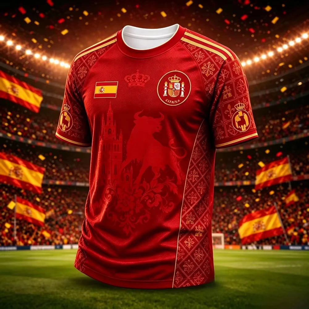 Men's Quick Dry Football Jersey, Red Spain Golden Bull Cathedral Embossed Print Soccer Fan Short Sleeve Training Sports T-shirt