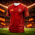 Men's Quick Dry Football Jersey, Red Spain Golden Bull Cathedral Embossed Print Soccer Fan Short Sleeve Training Sports T-shirt