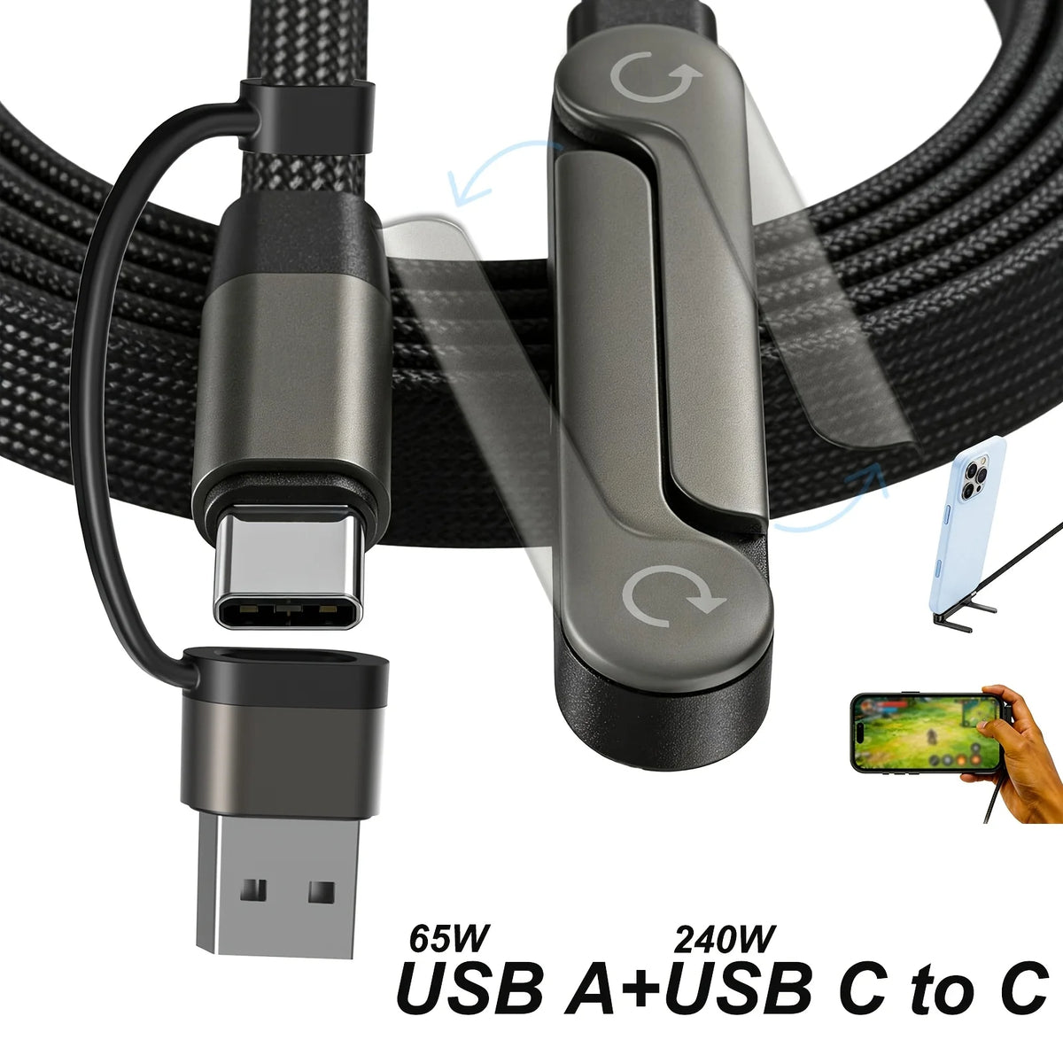  2-in-1 Holder Charger Cable – 240W Fast Charging Cord with Built-In Phone Stand USB Type C to USB-C Cable PD Cable Phone Holde