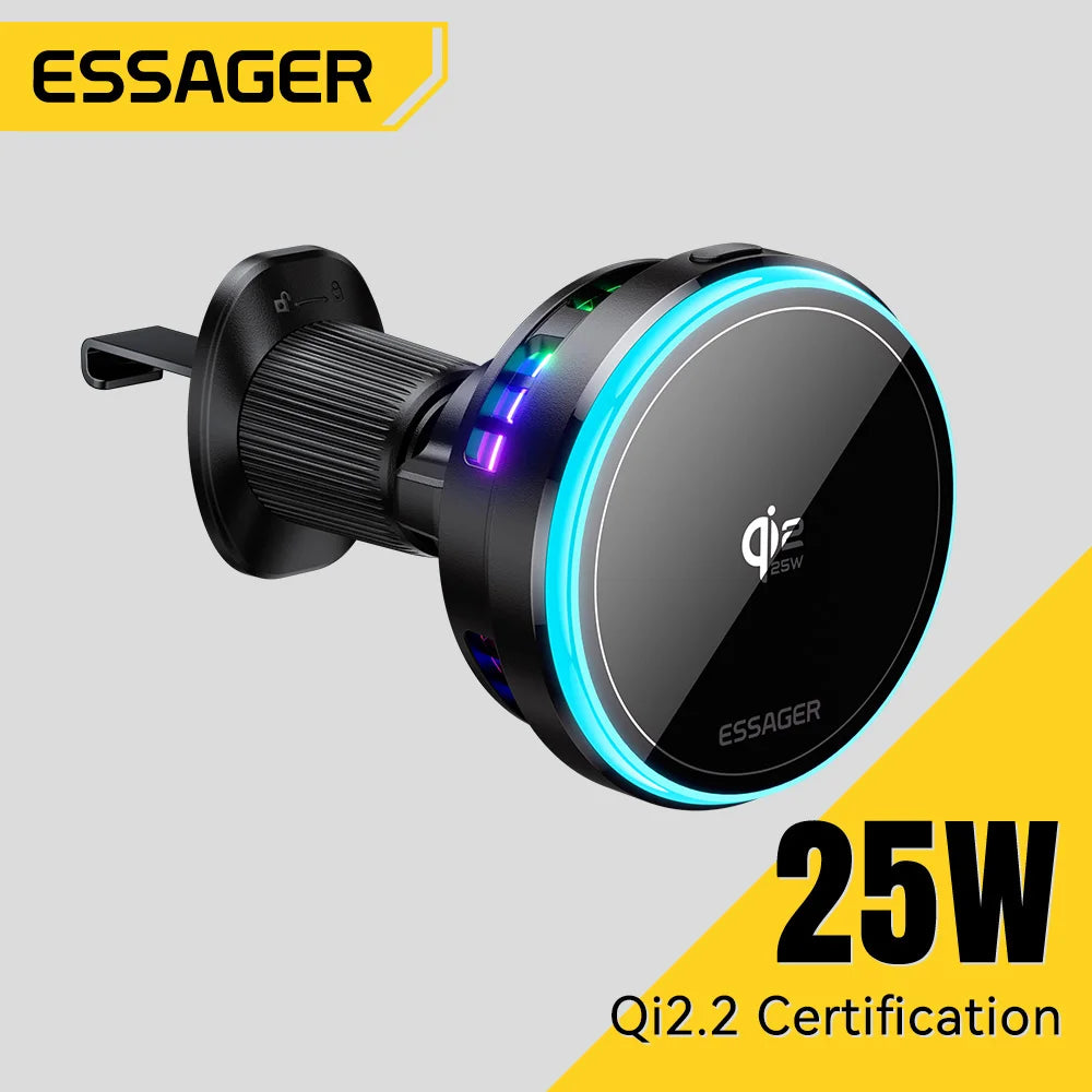 Essager QI 2.2  Magnetic Wireless Car Charger 25W Fast Charging Station for iPhone 17 16 Pro MacSafe RGB Car Phone Holder Stand
