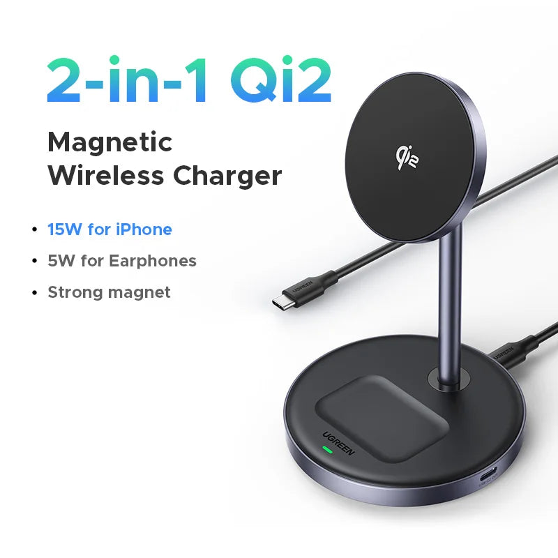 UGREEN Qi2 Magnetic Wireless Charging Stand 20W Max Power 2-in-1 Charging Stand For iPhone 16 Pro Max/AirPods Fast Charger