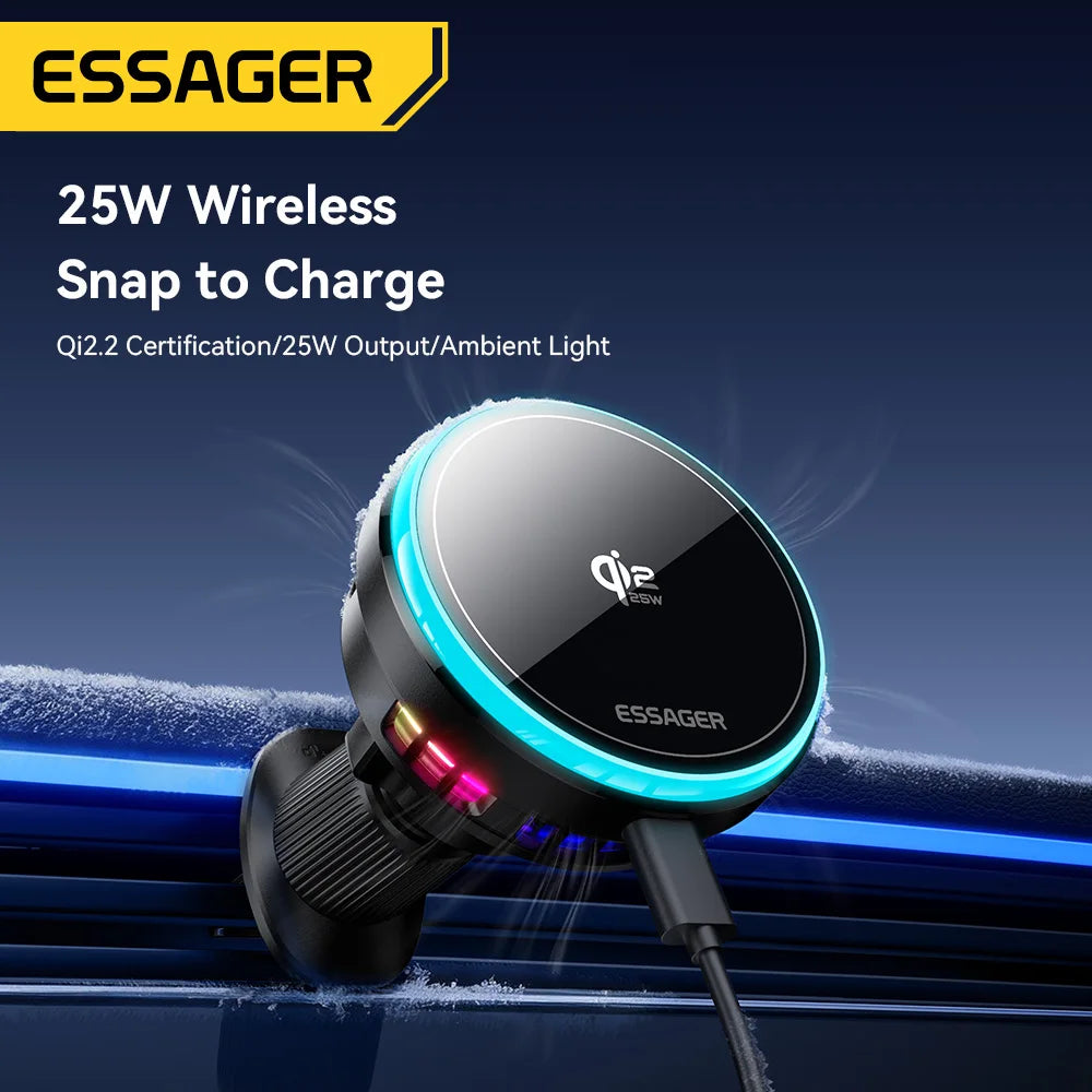 Essager QI 2.2  Magnetic Wireless Car Charger 25W Fast Charging Station for iPhone 17 16 Pro MacSafe RGB Car Phone Holder Stand