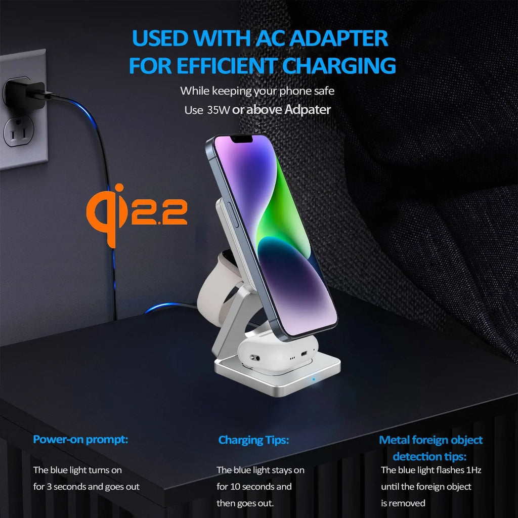 Qi2.2 25W 3-in-1 Foldable Magnetic Wireless Charging Stand For iPhone 17 16 15 14/iWatch/AirPod Portable Travel Charger Station