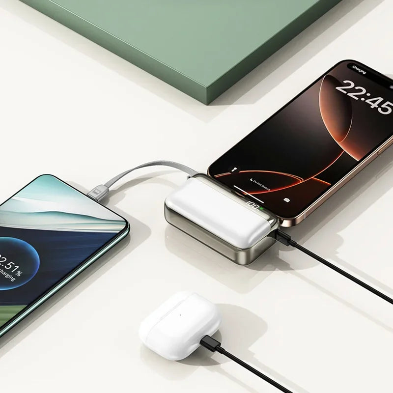 Power Bank 20000mAh 22.5W Fast Charging Capsule Portable Charger With Built-in Cable Tail Plug For Mobile Phone Tablet Daily Use