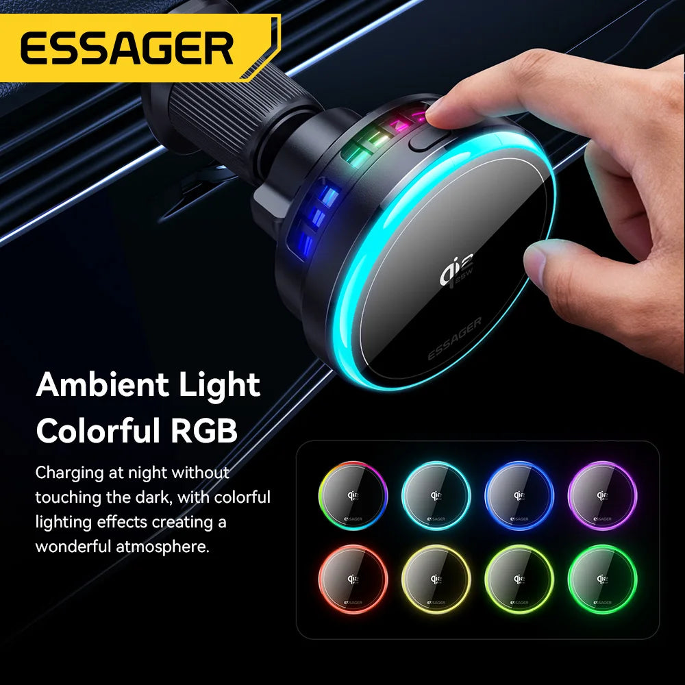 Essager QI 2.2  Magnetic Wireless Car Charger 25W Fast Charging Station for iPhone 17 16 Pro MacSafe RGB Car Phone Holder Stand