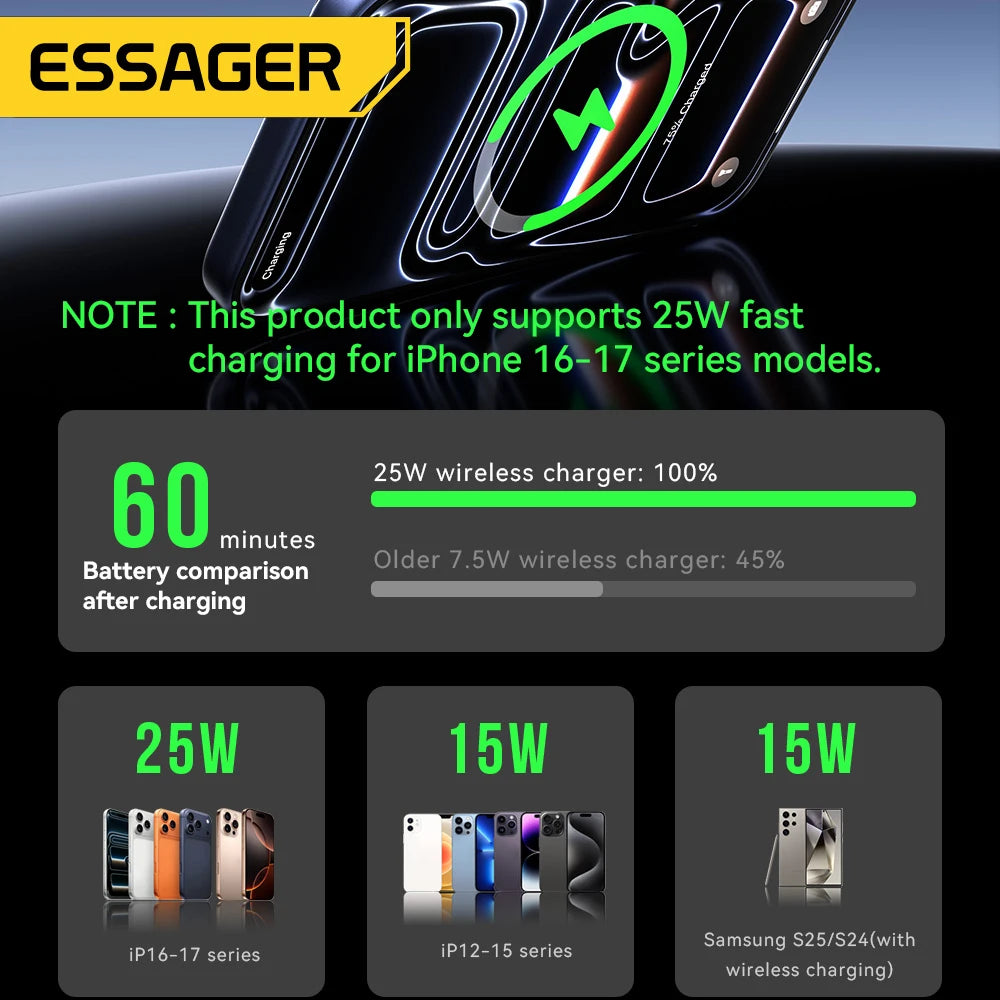 Essager QI 2.2  Magnetic Wireless Car Charger 25W Fast Charging Station for iPhone 17 16 Pro MacSafe RGB Car Phone Holder Stand