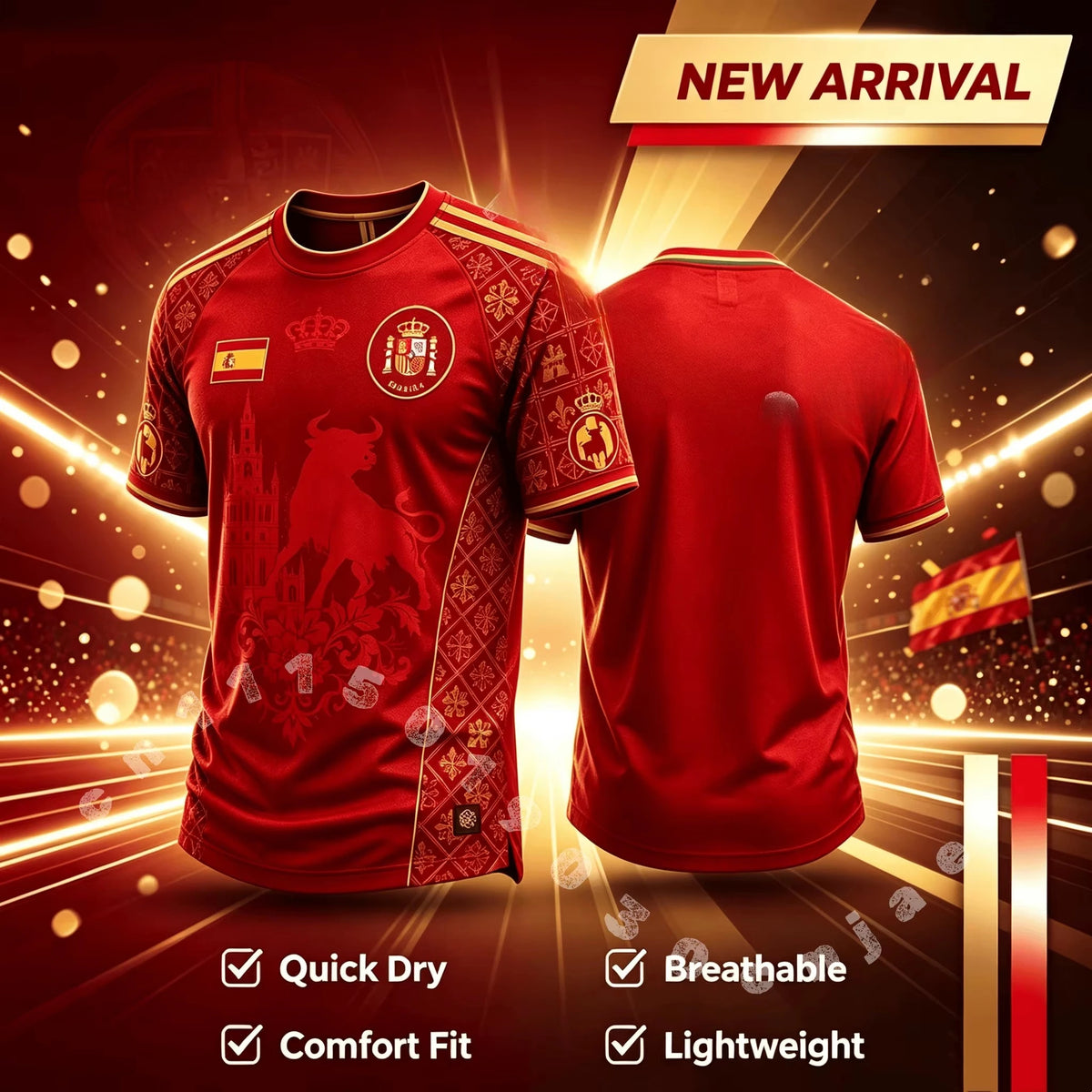 Men's Quick Dry Football Jersey, Red Spain Golden Bull Cathedral Embossed Print Soccer Fan Short Sleeve Training Sports T-shirt