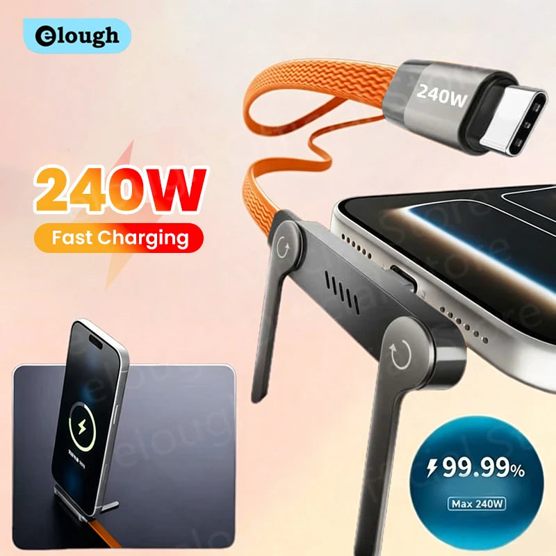 2-in-1 240w Built In Phone Stand Charging Cable USB C To USB C Quick Charge Data Wire For iPhone 17 Foldable Bracket Type C Cord