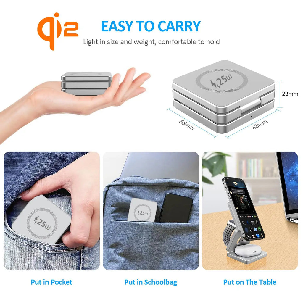 Qi2.2 25W 3-in-1 Foldable Magnetic Wireless Charging Stand For iPhone 17 16 15 14/iWatch/AirPod Portable Travel Charger Station