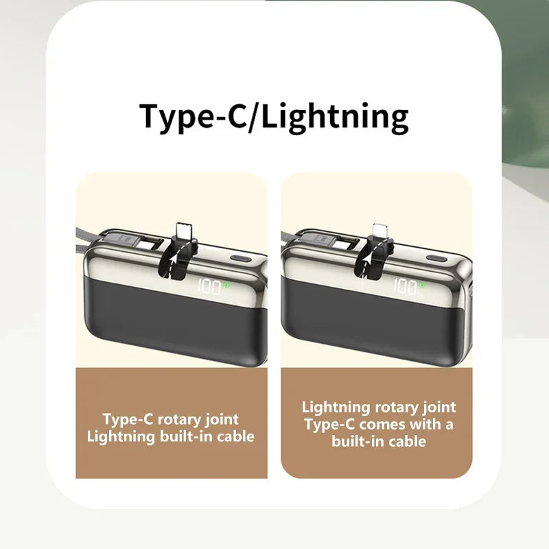 Power Bank 20000mAh 22.5W Fast Charging Capsule Portable Charger With Built-in Cable Tail Plug For Mobile Phone Tablet Daily Use