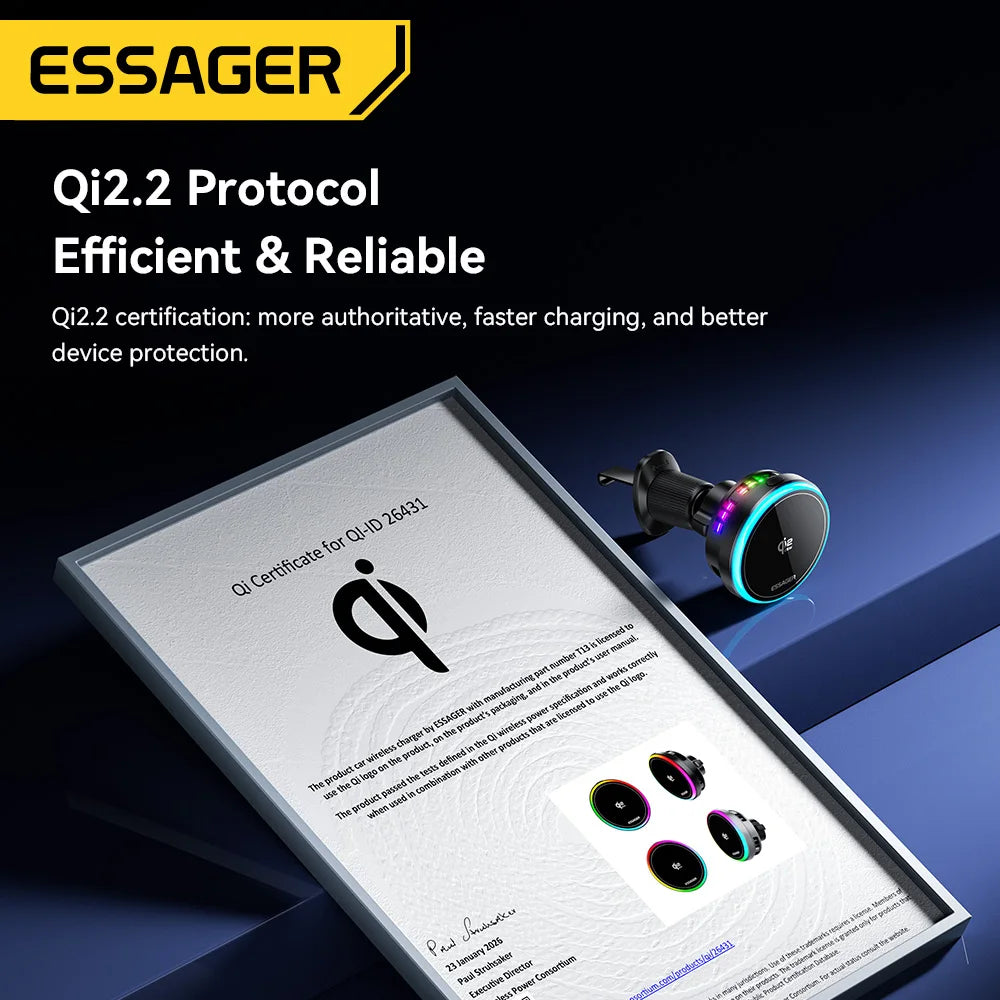 Essager QI 2.2  Magnetic Wireless Car Charger 25W Fast Charging Station for iPhone 17 16 Pro MacSafe RGB Car Phone Holder Stand