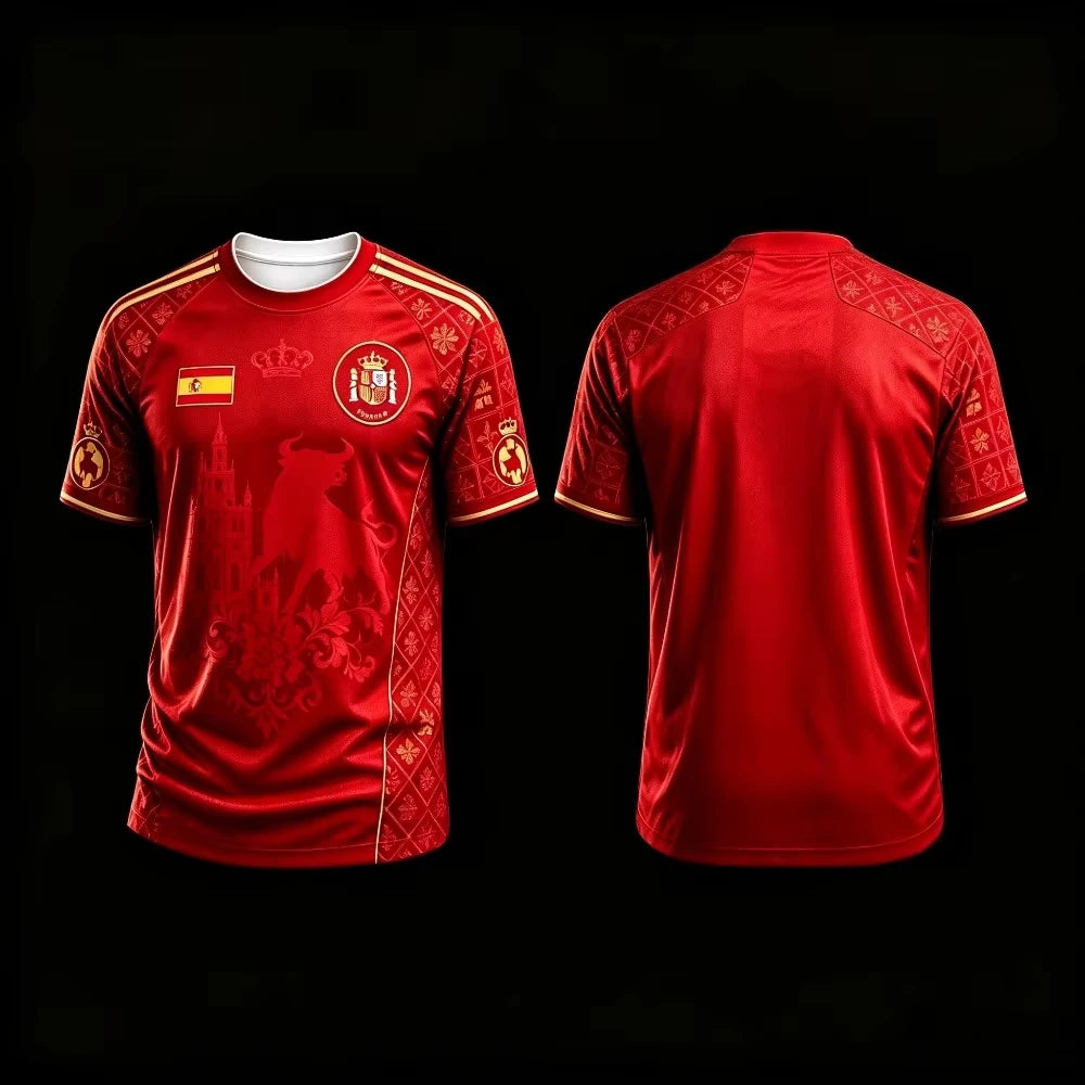 Men's Quick Dry Football Jersey, Red Spain Golden Bull Cathedral Embossed Print Soccer Fan Short Sleeve Training Sports T-shirt