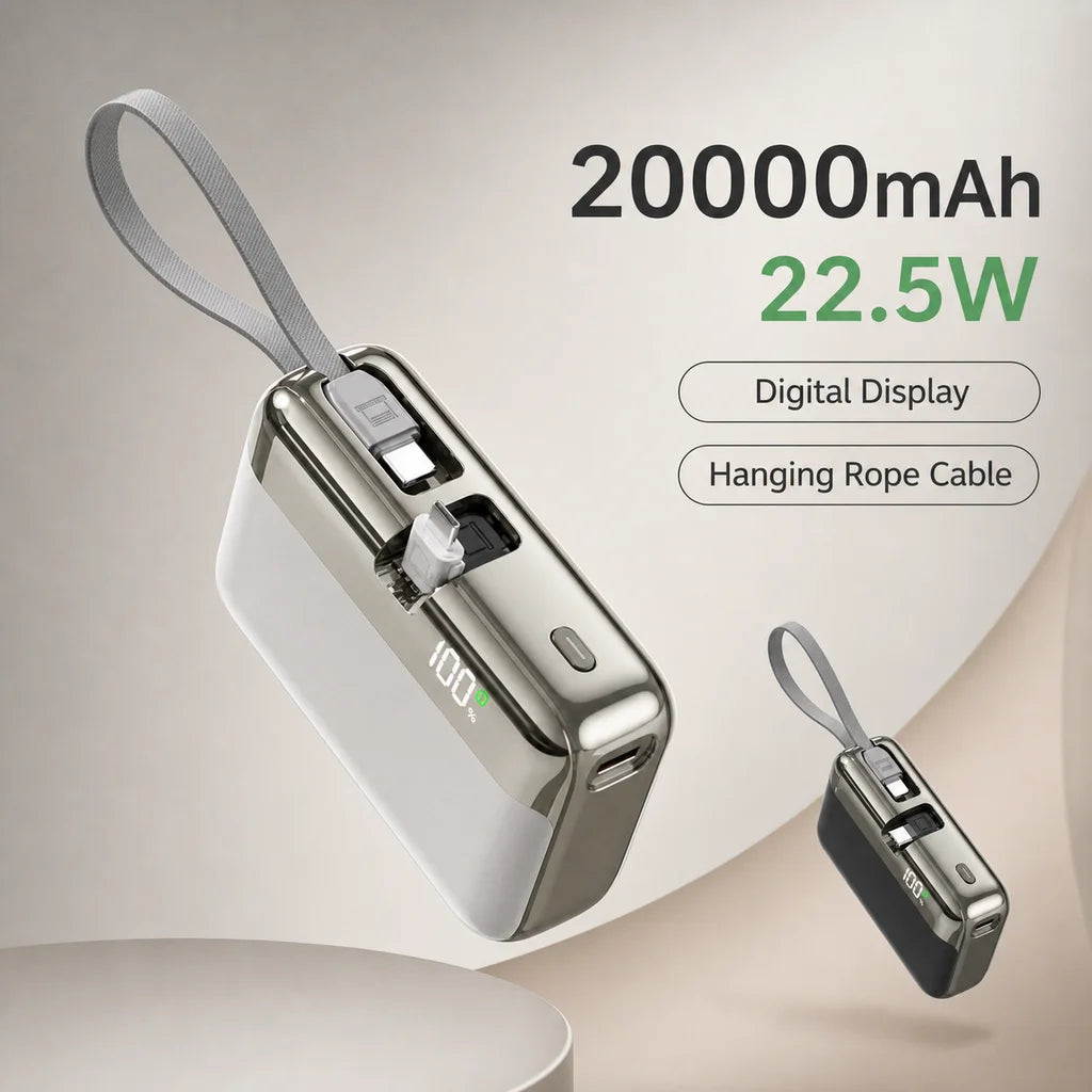 Power Bank 20000mAh 22.5W Fast Charging Capsule Portable Charger With Built-in Cable Tail Plug For Mobile Phone Tablet Daily Use